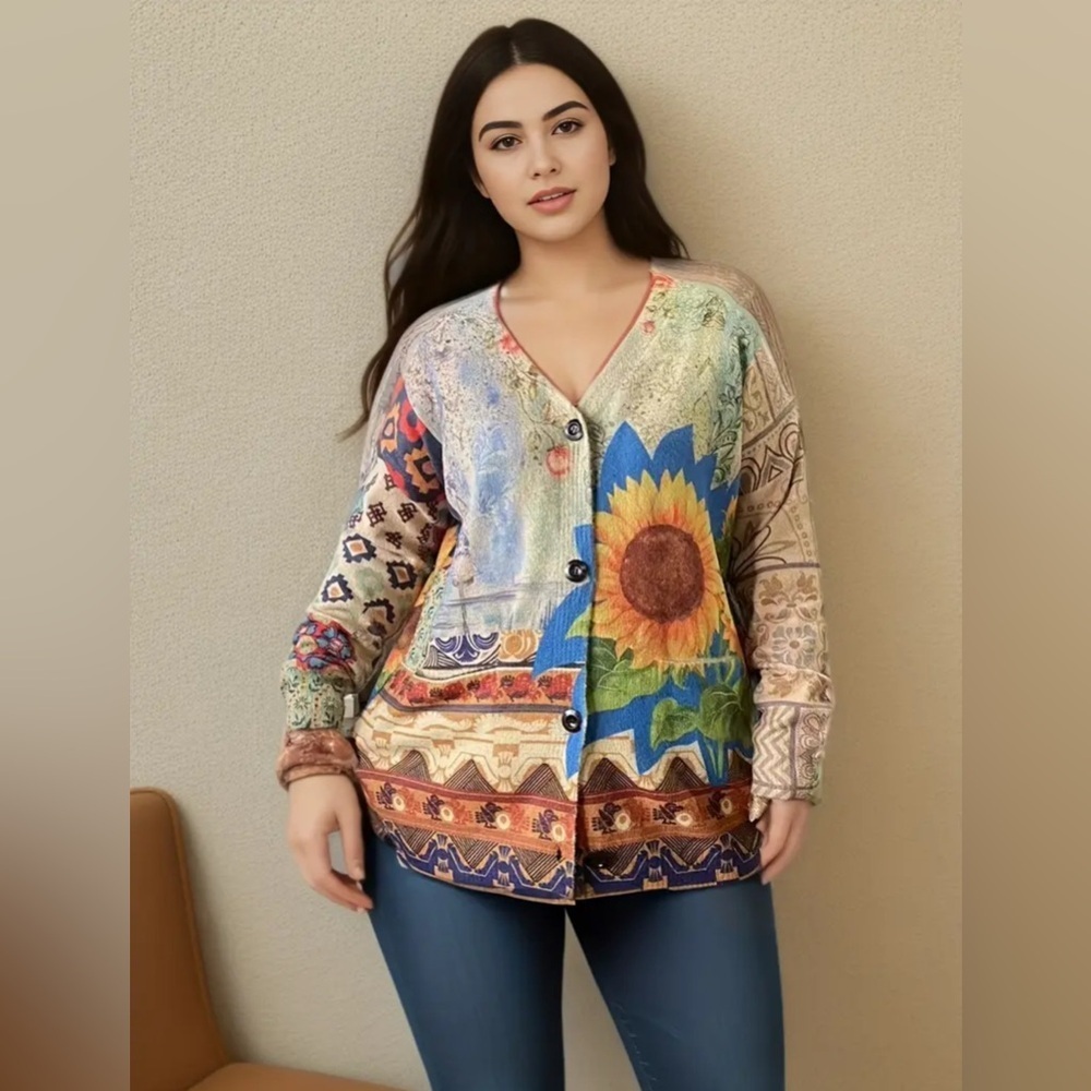 Women's Wool Blend Sunflower Boho Super Soft Cardigan